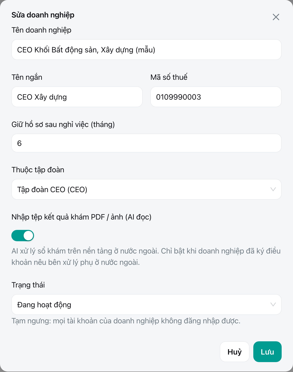 Sửa doanh nghiệp: thời hạn giữ hồ sơ, bật nhập PDF, ảnh cho AI đọc, trạng thái.