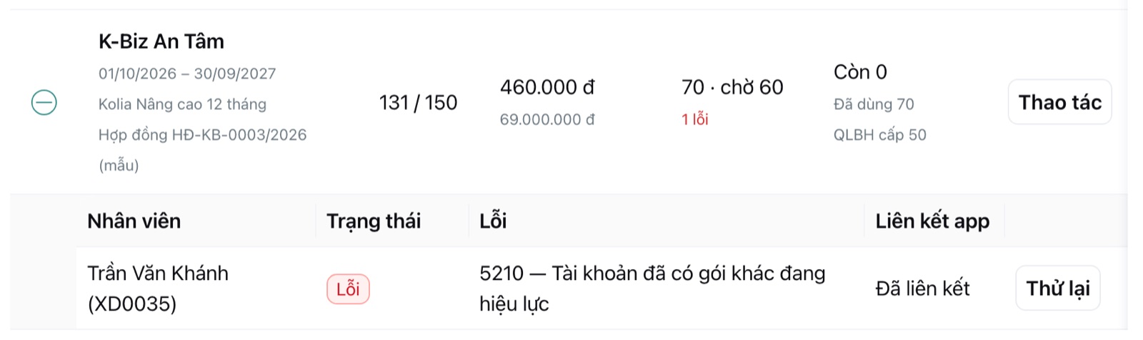 Suất lỗi của dòng hợp đồng: mã lỗi, lý do, nút Thử lại.