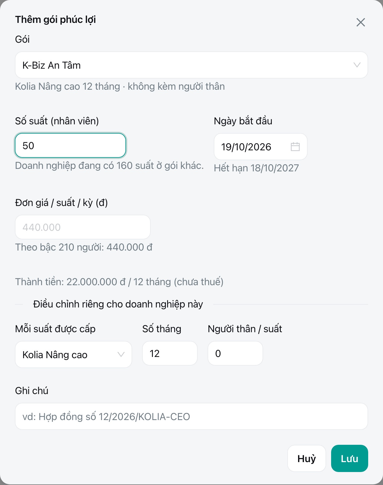 Thêm gói phúc lợi: giá gợi ý theo bậc, thành tiền.