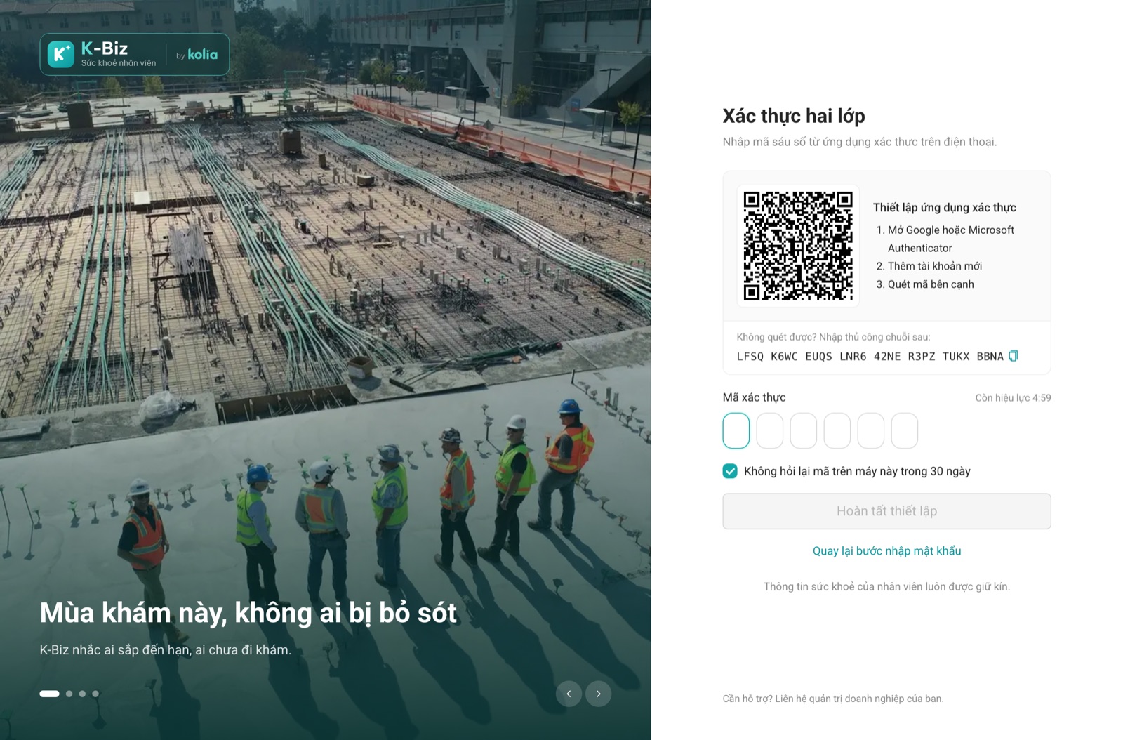 Lần đầu đăng nhập: quét mã QR bằng ứng dụng xác thực rồi nhập mã 6 số.