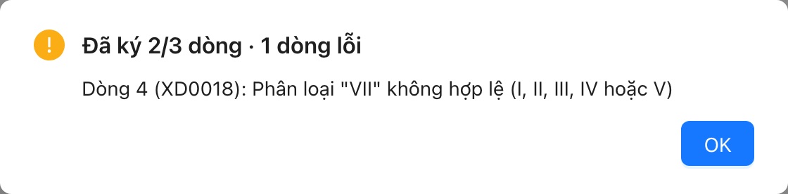 Kết quả nhập lô: 2/3 dòng đã ký, 1 dòng sai phân loại.