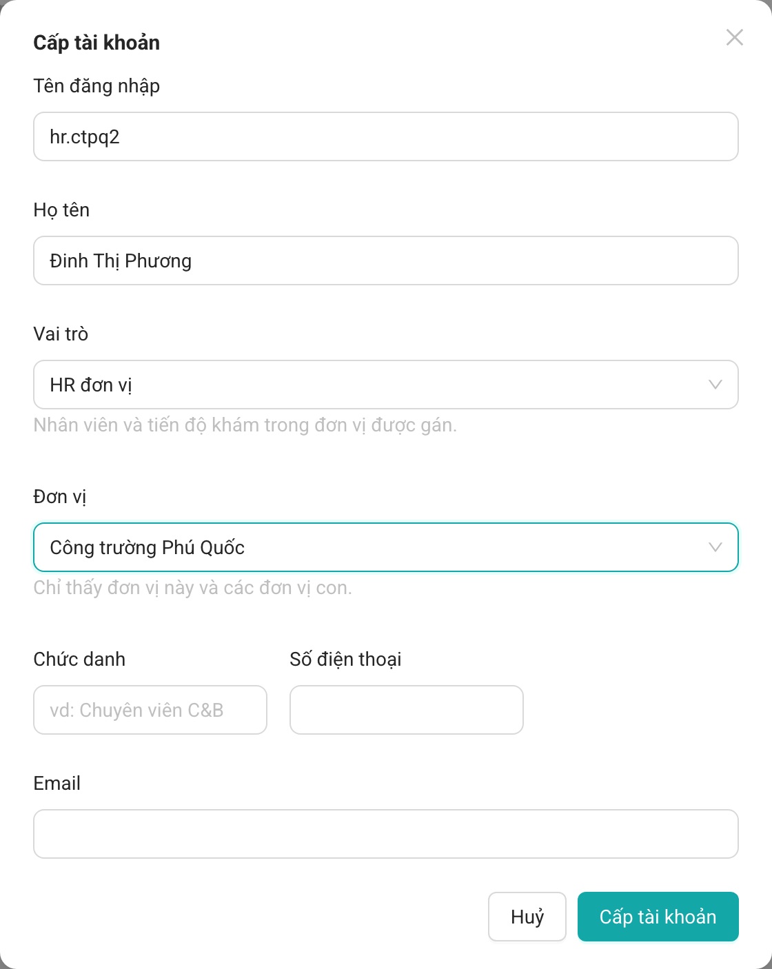 Cấp tài khoản HR đơn vị.