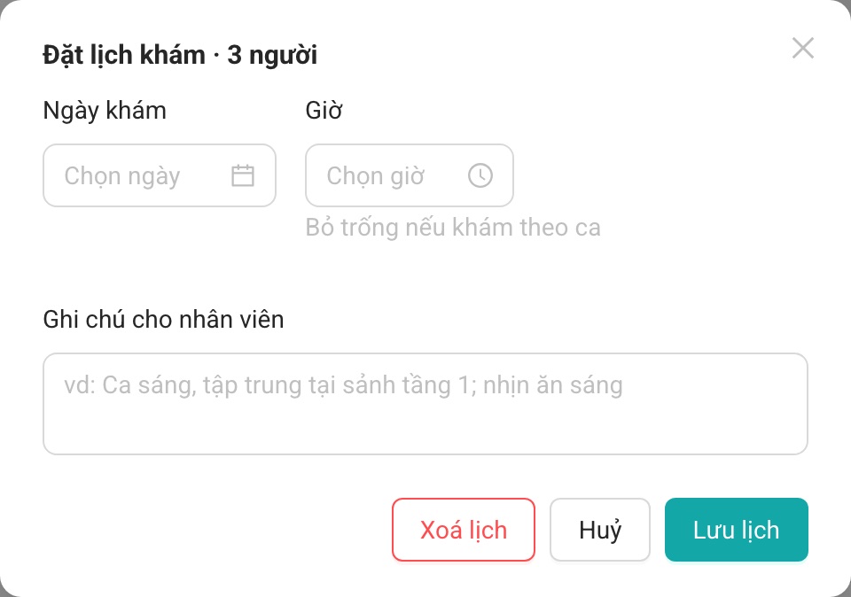 Đặt lịch cho 3 người đã chọn.