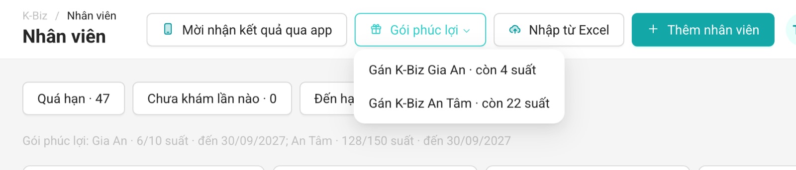 Nút Gói phúc lợi: chọn dòng hợp đồng còn suất.
