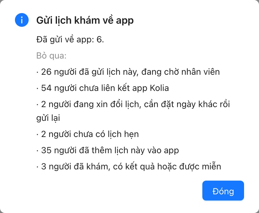 Kết quả gửi: 6 người được gửi lịch, những người khác bị bỏ qua kèm lý do.