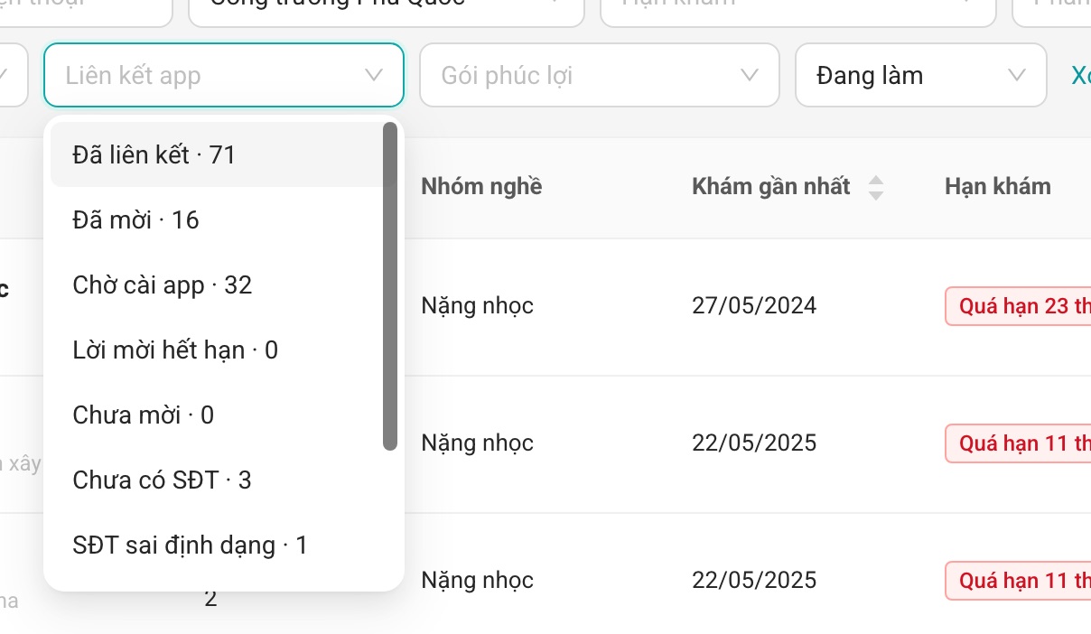 Bộ lọc Liên kết app, kèm số người ở từng trạng thái theo bộ lọc đang chọn.