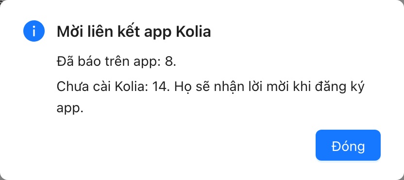 Kết quả mời. Người chưa cài Kolia sẽ nhận lời mời khi đăng ký app bằng số này.