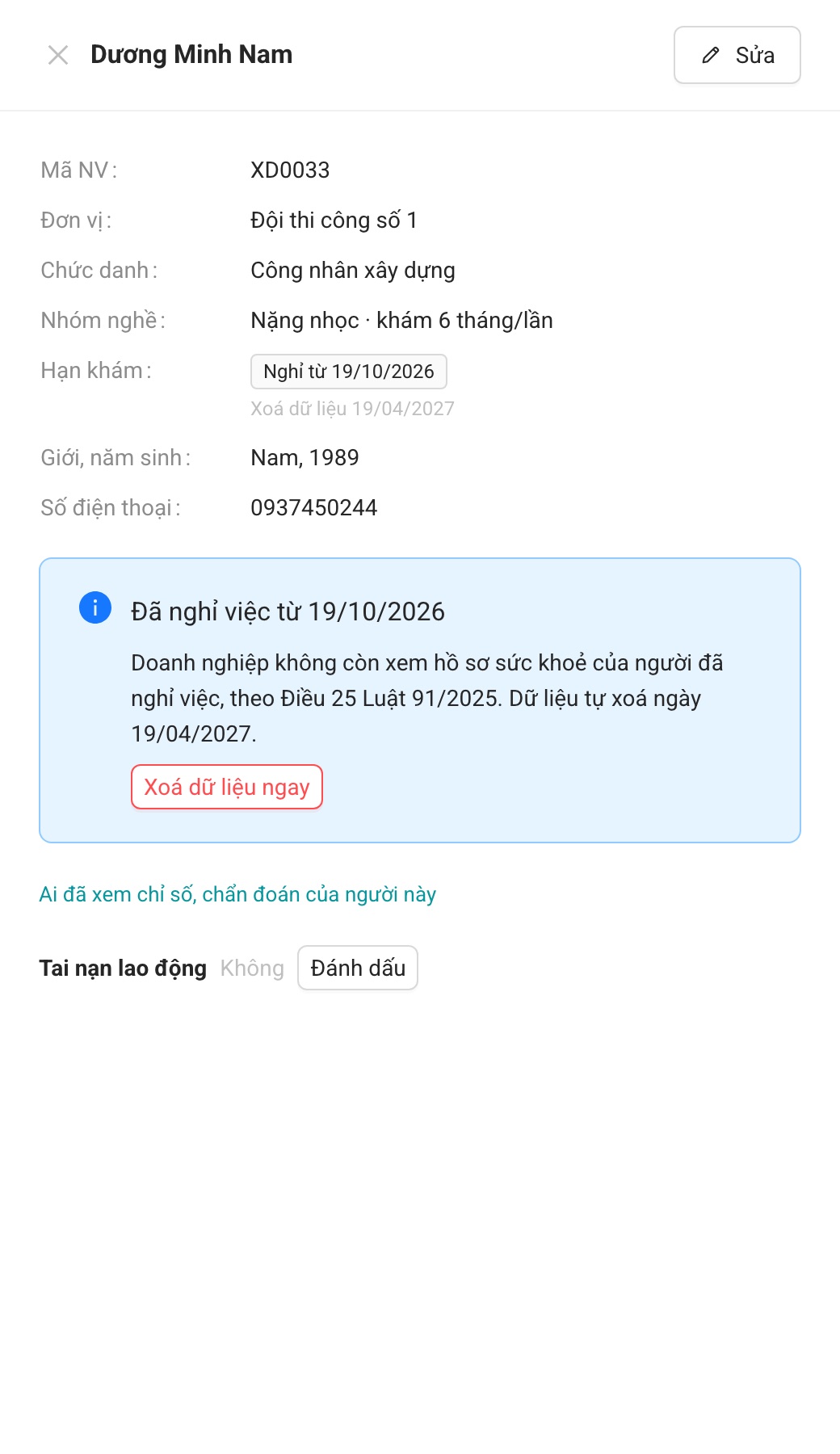 Phiếu người đã nghỉ: ngày dữ liệu tự xoá và nút Xoá dữ liệu ngay.