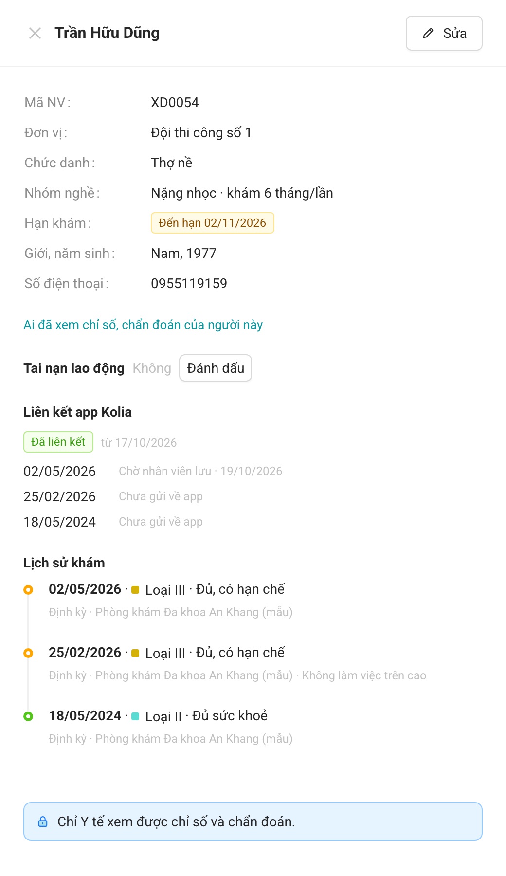 Khối Liên kết app Kolia trong phiếu: ngày liên kết và trạng thái từng kết quả khám.