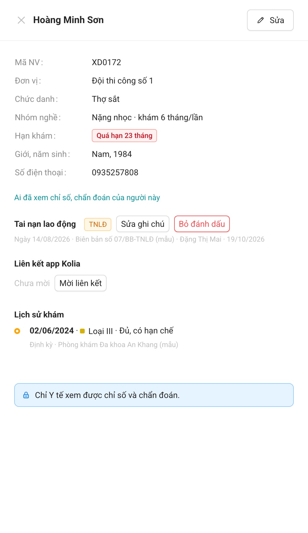 Khối Tai nạn lao động trong phiếu: nhãn TNLĐ, ghi chú, người đánh dấu và ngày.