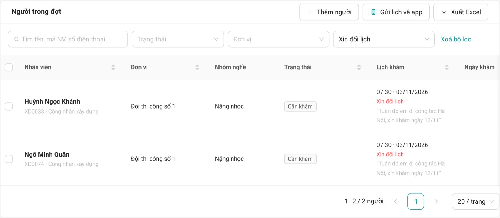 Lọc Xin đổi lịch để xem lý do nhân viên gửi.