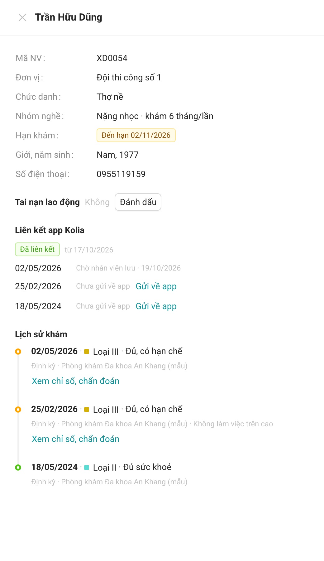 Khối Liên kết app Kolia ở vai trò Y tế: nút Gửi về app cạnh từng lần khám.