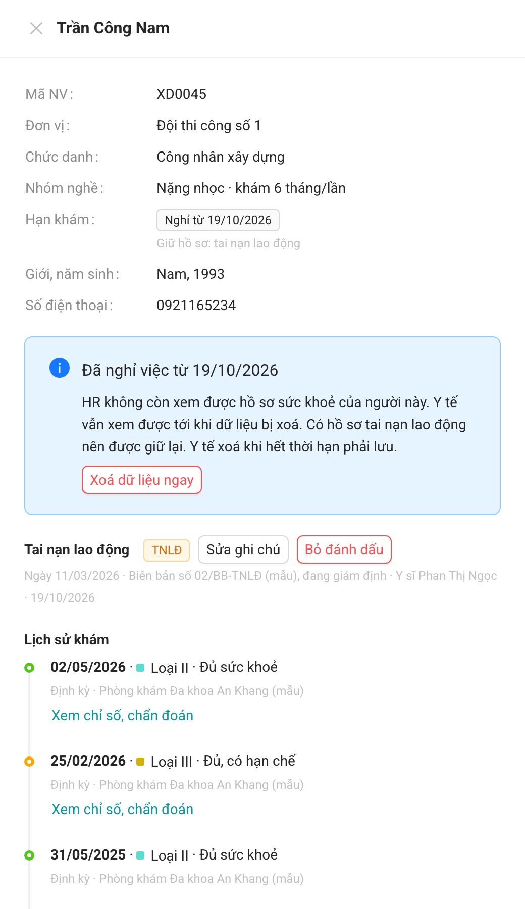 Người đã nghỉ có tai nạn lao động: hồ sơ được giữ. Y tế bỏ đánh dấu hoặc xoá khi hết thời hạn phải lưu.
